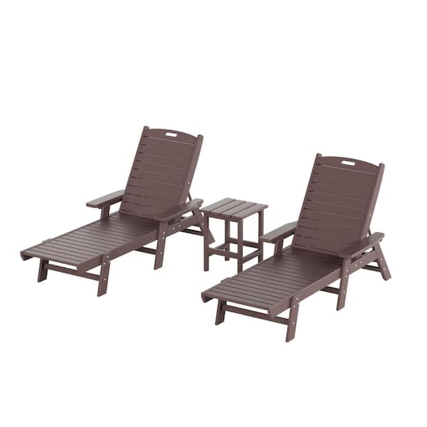 WESTIN OUTDOOR Harlo 3-Piece Dark Brown Fade Resistant HDPE Plastic Reclining Outdoor Patio Chaise Lounge Arm Chair and Table Set