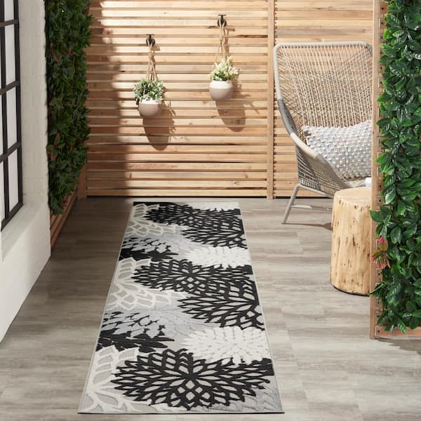 Aloha Black White 2 ft. x 10 ft. Kitchen Runner Floral Contemporary Indoor/Outdoor Patio Area Rug