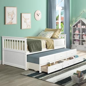 White Twin Platform Bed with Trundle and Drawers