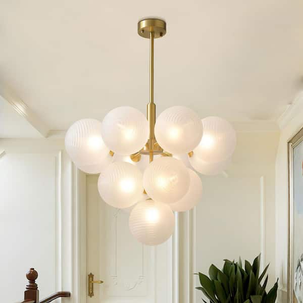 13-Light Brass Mid Century Modern Bubble Globe Chandelier Cluster Pendant Lighting Fixture with Striped Glass Shade