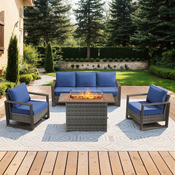 FanKan Gray 4-Piece Wicker Outdoor Glider Chair Patio Deep Seating with Rectangular Fire Table and Blue Cushions