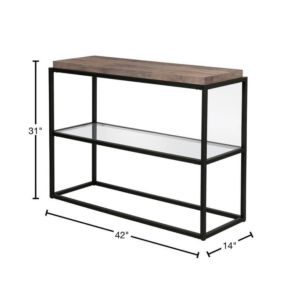 42'' Blackened Bronze and Gray Oak Hallway Table with Glass Shelf