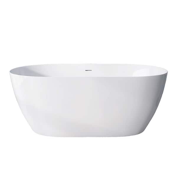 Zey 63 in. x 30 in. Acrylic Freestanding Soaking Bathtub Flatbottom Oval Stand Alone Tub with Removable Drain in White