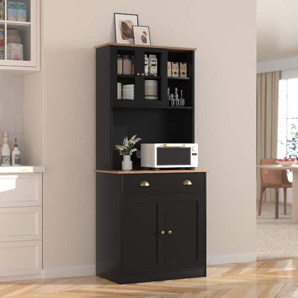 VEIKOUS Kitchen Pantry Organizers with Adjustable Shelves, Buffet Cupboard and Microwave Stand in Black