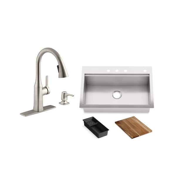 KOHLER Lyric Workstation 33 in. Dual Mount Stainless Steel Single Bowl Kitchen Sink with Rubicon Kitchen Faucet and Accessories