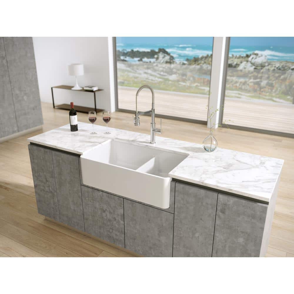 White Fireclay 33'' Double Bowl Farmhouse Sink