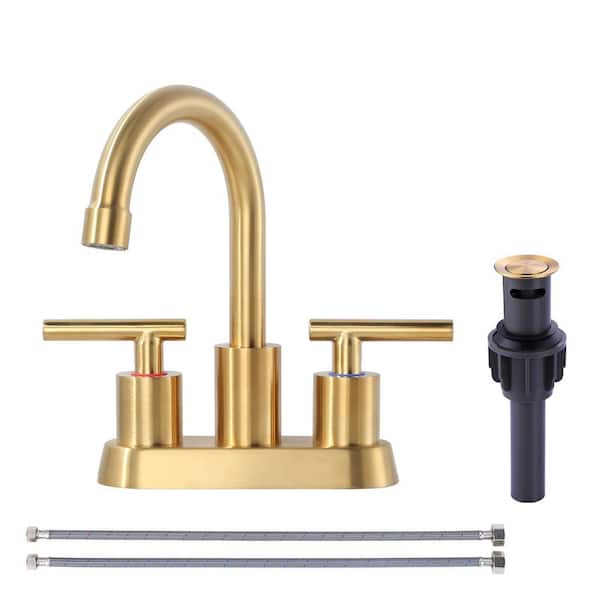 4 in. Centerset Double Handle High Arc Bathroom Faucet with with Pop Up Drain and Water Supply Hoses in Bruhsed Gold