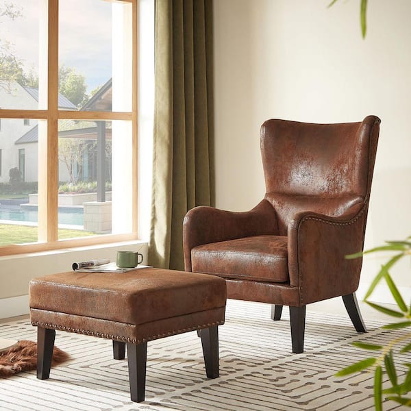 Brown Polyester Lounge Club Chair with Ottoman