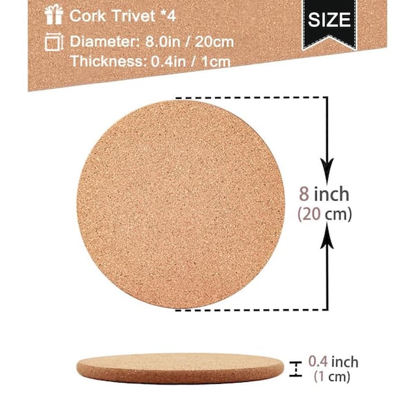 8 in. Cork Trivet with High Density, Thick, Heat Resistant, Large for Hot Dishes, Kitchen, Table and Countertop (4-Pack)