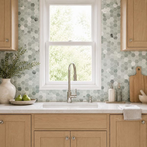 Icelandic Green 2 in. Hexagon 12 in. x 12 in. x 0.38 in. Polished Marble Mesh-Mounted Mosaic Tile (9.8 sq. ft./case)