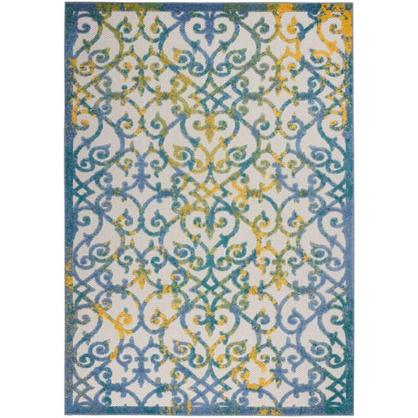 Aloha Ivory Blue 6 ft. x 9 ft. Floral Contemporary Indoor/Outdoor Patio Area Rug