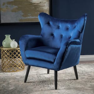 Seigfried Navy Blue Velvet Arm Chair with Tufted Cushions (Set of 1)