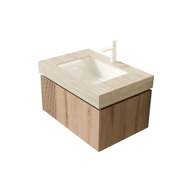30 in. Single Sink Floating White Oak Bath Vanity with Beige Sintered Stone Top