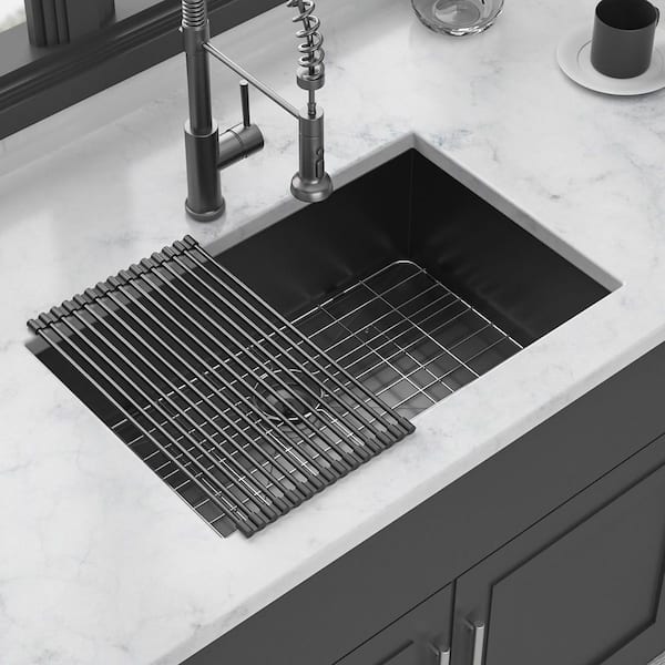 28 in. Undermount Single Bowl 16 Gauge Gunmetal Black Stainless Steel Kitchen Sink with Bottom Grids