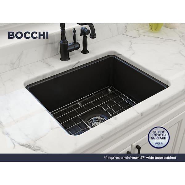 Sotto Matte Black Fireclay 24 in. Single Bowl Undermount/Drop-In Kitchen Sink w/Protective Bottom Grid and Strainer