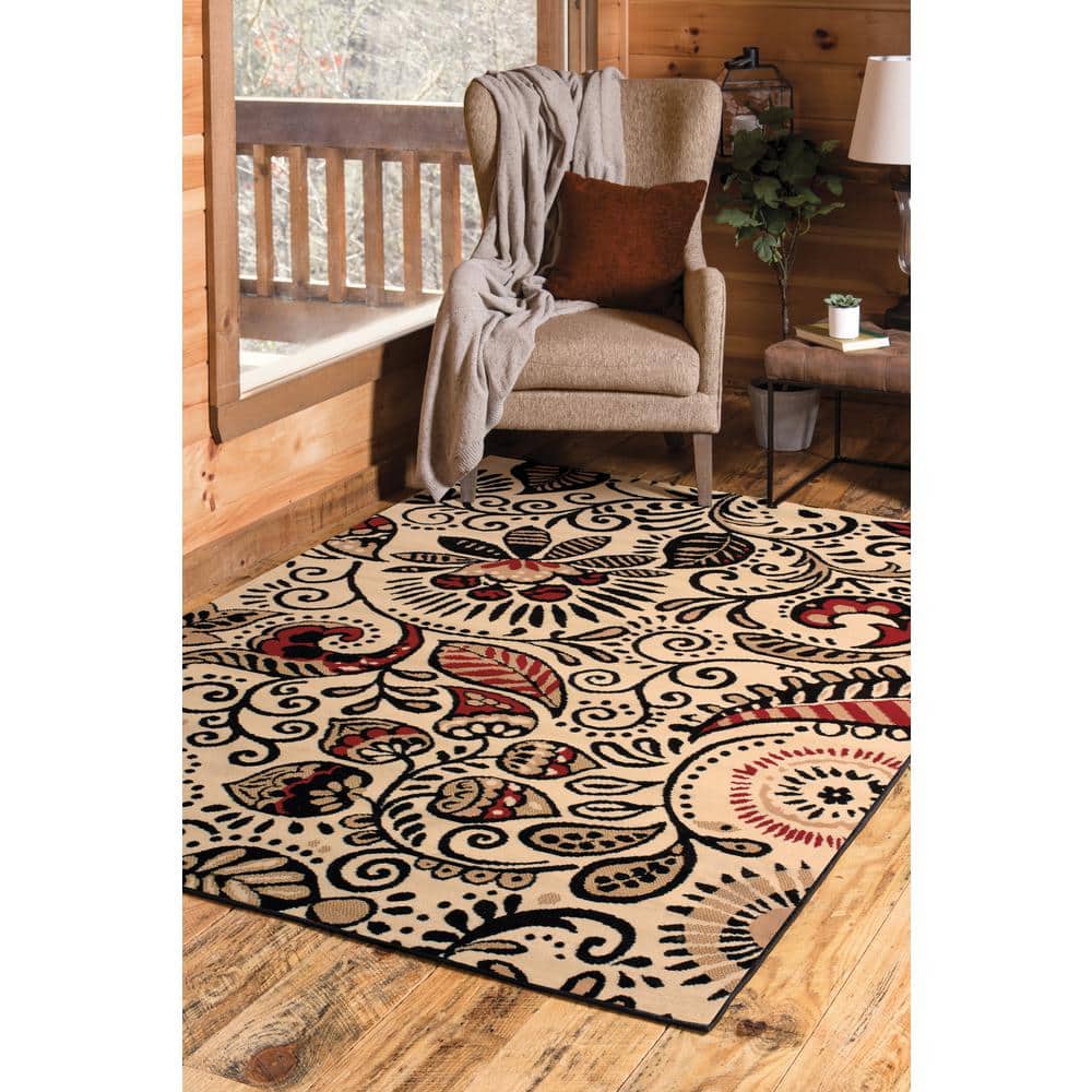 Ivory and Black Synthetic Rectangular Area Rug, 8' x 11'