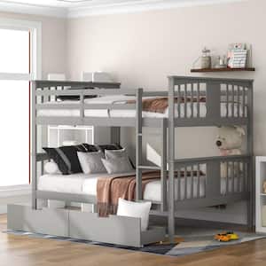 Gray Full Over Full Bunk Bed with Drawers and Ladder for Bedroom, Guest Room Furniture
