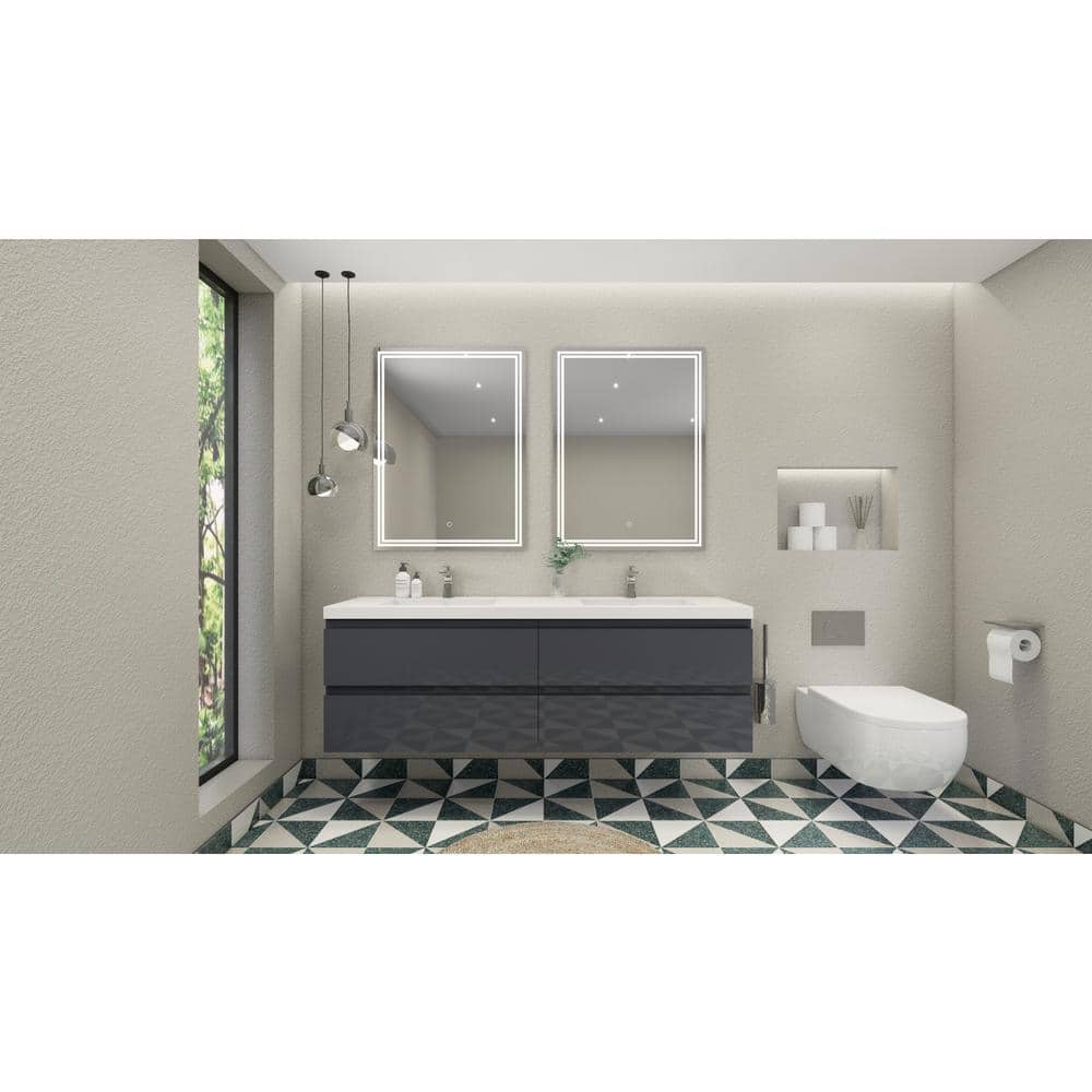 Bohemia 72 in. W Bath Vanity in High Gloss Gray with Reinforced Acrylic Van