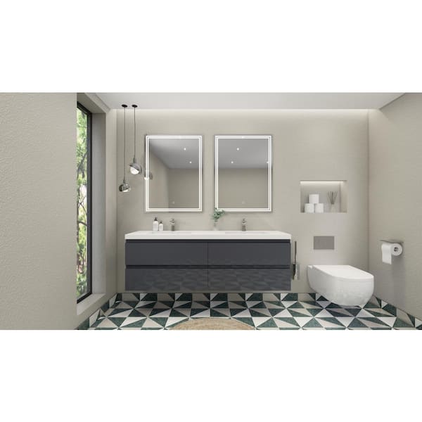 Unbranded Bohemia 72 in. W Bath Vanity in High Gloss Gray with Reinforced Acrylic Vanity Top in White with White Basins