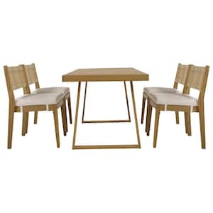 5-Piece Brown Acacia Wood Seats 4 Outdoor Dining Set with Beige Thick Cushions