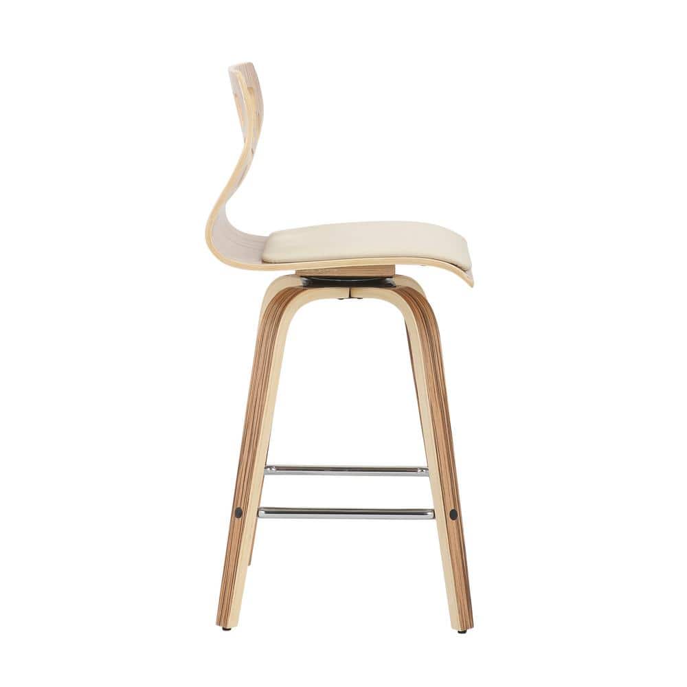 Mid-Century Modern White Leather and Wood Swivel Counter Stools