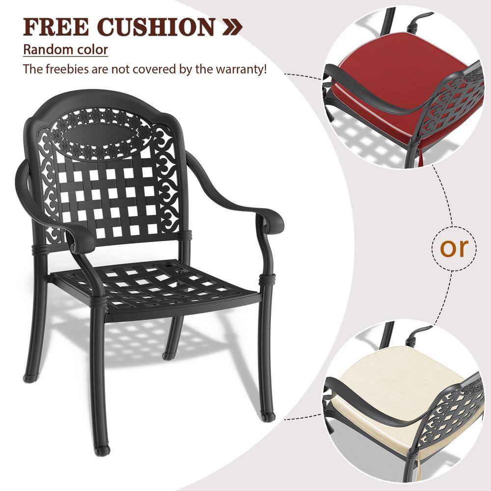 Black Cast Aluminum 7-Piece Outdoor Dining Set with Random Color Cushions
