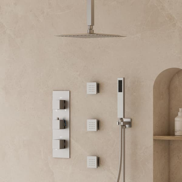 YAWWALK 5-Spray 12 in. Ceiling Mount Fixed and Handheld Shower Head 2.5 GPM with 3-Jets in Brushed Nickel(Valve Included)