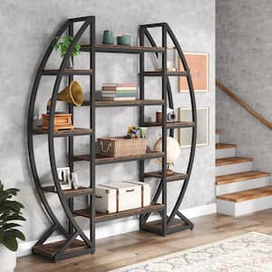 Eulas 69.48 in. Tall Brown Wood Triple Wide 12-Shelf Etagere Bookcase, Industrial Bookshelf with Storage for Living Room