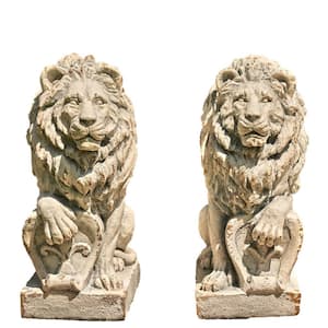 21 in. Tall Grey Magnesium Lion Sentry Garden Statues with Fleur-De-Lis Harold and Leo (Set of 2)