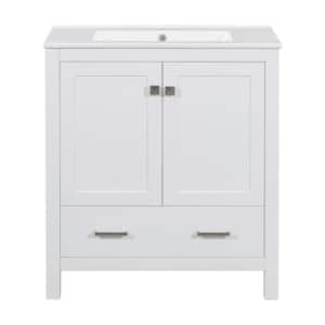 30 in. W Single Sink Freestanding Bath Vanity in White with White Ceramic Top, 2 Doors and a Drawer