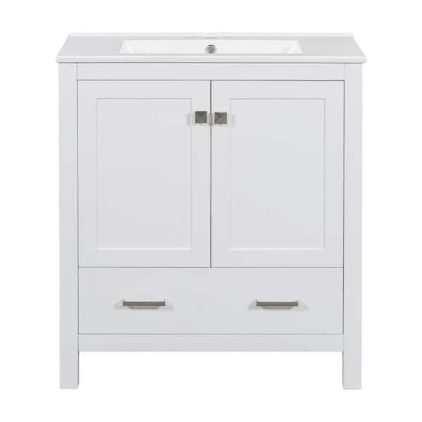 30 in. W Single Sink Freestanding Bath Vanity in White with White Ceramic Top, 2 Doors and a Drawer