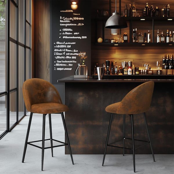 Haseeb 26 in. Modern Swivel Upholstered Counter Bar Stool with Curved Back, Saddle Brown Fabric/Black Legs, (Set of 4)