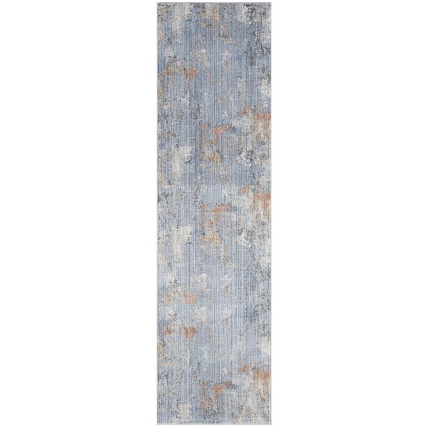 Nourison Modern Abstract Grey Blue 2 ft. x 8 ft. Abstract Contemporary Runner Area Rug