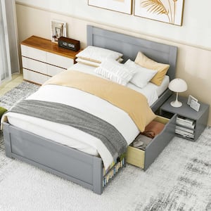 Gray Wood Frame Twin Size Platform Bed With 1 Spacious Drawer and 2 Shelves with Wheels
