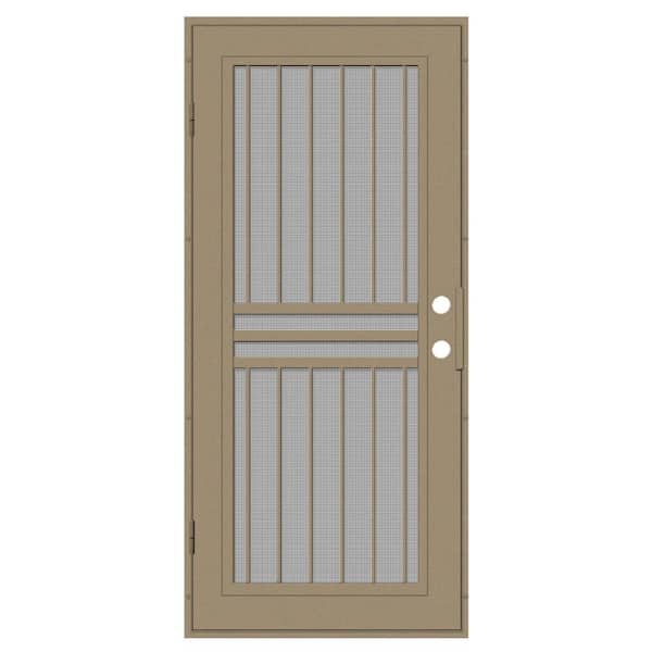 Unique Home Designs Plain Bar 32 in. x 80 in. Right Hand/Outswing Desert Sand Aluminum Security Door with Charcoal Insect Screen