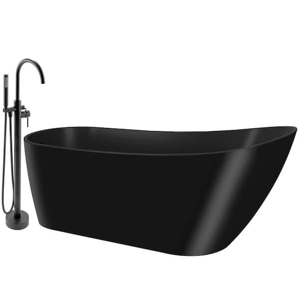 AKDY 53.9 in. Fiberglass Flatbottom Freestanding Bathtub with Tub Filler Combo in Solid Matte Black Inside and Outside