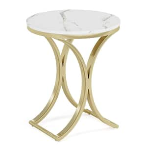 White Round Side Table with Storage Marble Top Metal Frame