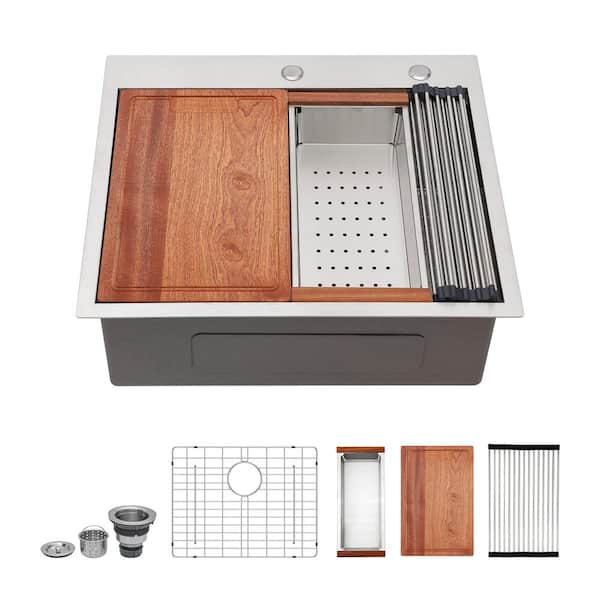 Sarlai 25 in. Drop in/Topmount Single Bowl 16 Gauge Stainless Steel Round Corner Workstation Kitchen Sink with Bottom Grid
