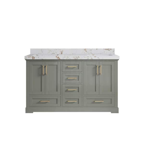 Willow Collections Boston 60 in. Double Sink Freestanding Evergreen Bath Vanity with Viola Gold Quartz Top Unassembled