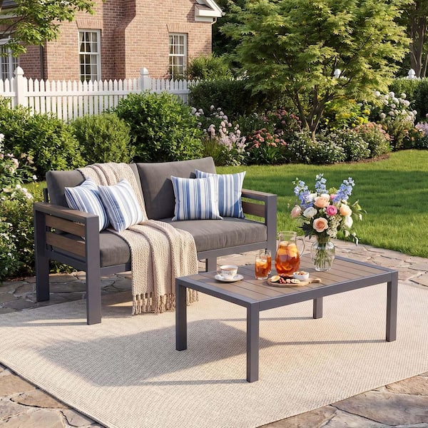 Outdoor Aluminum Patio Furniture Set 2-Piece Loveseat Sofa w/ Coffee Table for Patio Conversation Set Cushions, Gray