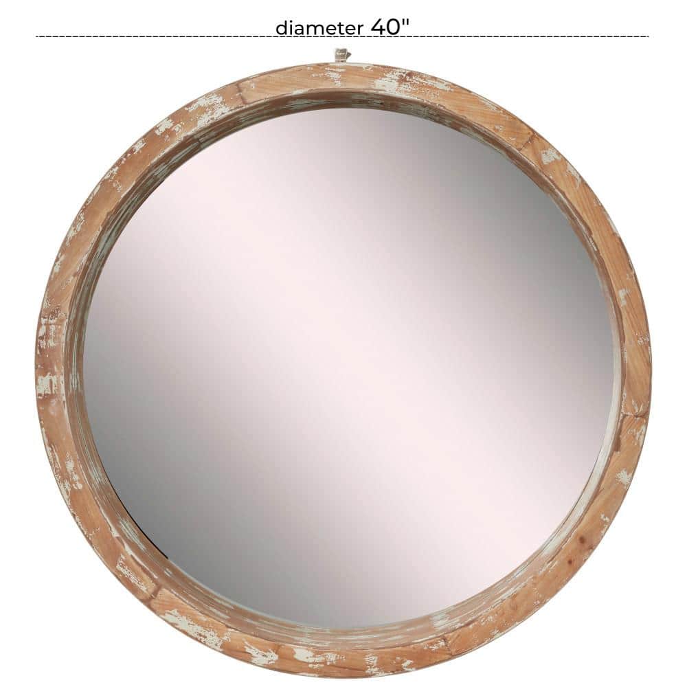 Vintage Round Brown Wood Wall Mirror