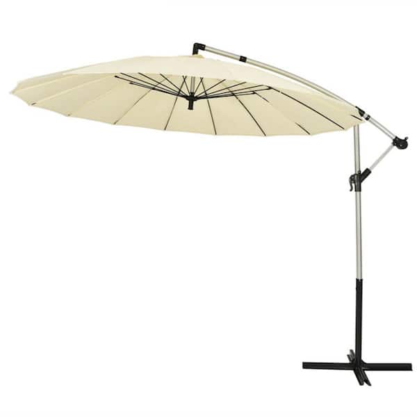 WELLFOR 10 ft. Aluminum Cantilever Tilt Patio Umbrella in Beige Offset Umbrella with Crank and Cross Stand for Deck Garden Lawn