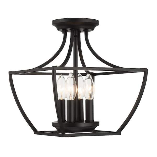 Wethersfield 11 in. 4-Light Matte Black Square Cage Semi-Flush Mount Ceiling Light