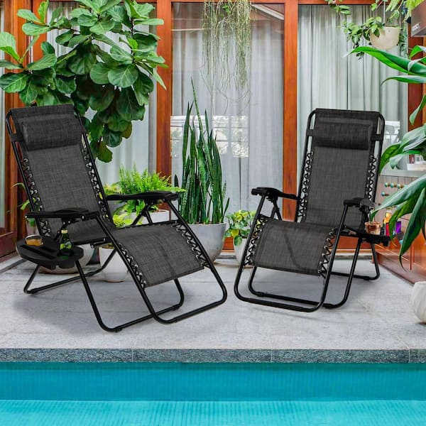 Unbranded Alloy Steel Zero Gravity Adjustable Folding Reclining Outdoor Lounge Chair with Pillow and Cup Holder in Grey Set of 2