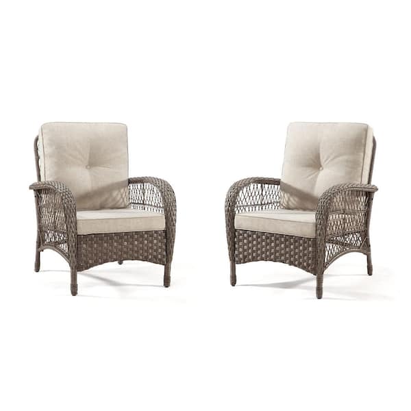 Zeus & Ruta Brown Wicker Patio Outdoor Lounge Chair with Beige Cushions ...