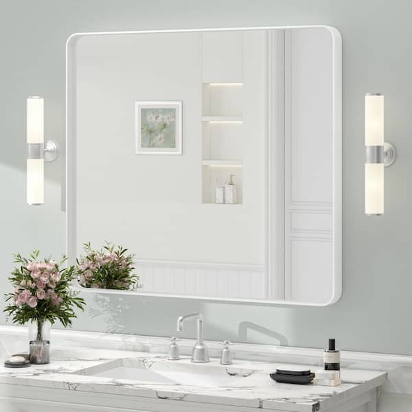 32 in. W x 36 in. H Rectangular Tempered Glass and Aluminum Alloy Framed Wall Bathroom Vanity Mirror in Matte White