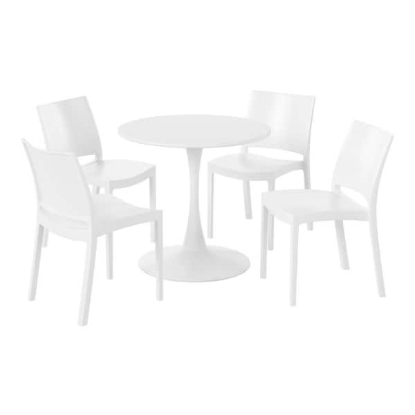 Frond and Form Outdoor Patio Modern 5-Piece Round HDPE Plastic Dining Table Set with Stackable Chairs, White