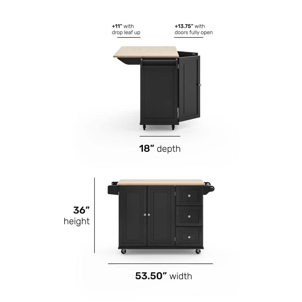 Black Wood Kitchen Cart with Drop Leaf and Storage