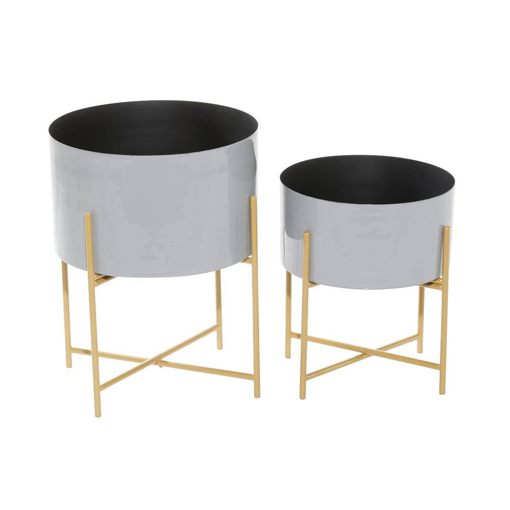 Gray Metal Indoor Outdoor Planters with Gold Stands, Set of 2