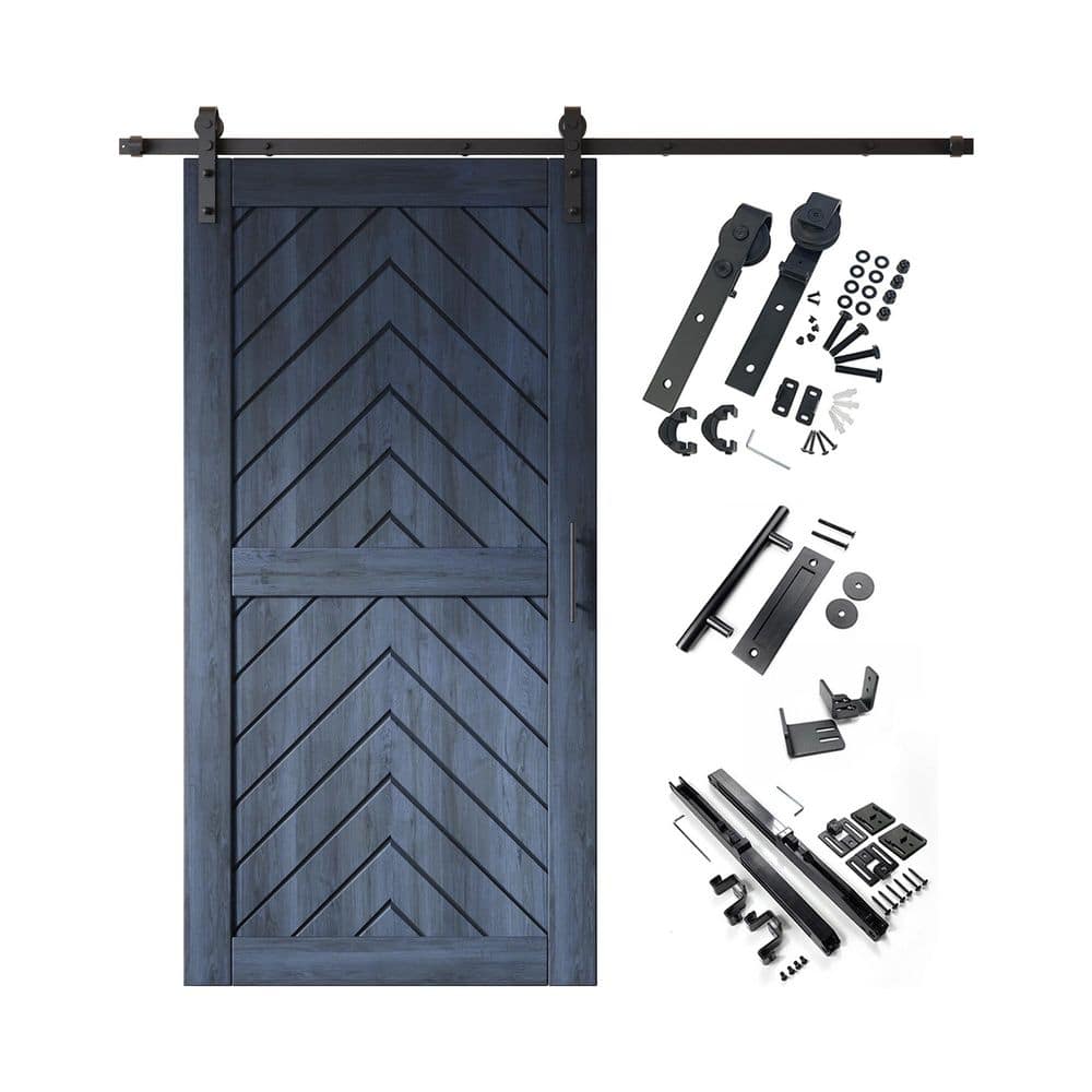JT1 36 in. x 80 in. C-Panel Navy Fishbone Design Solid Pine Wood Sliding Barn Door with Hardware Kit price history on PriceWatchPro